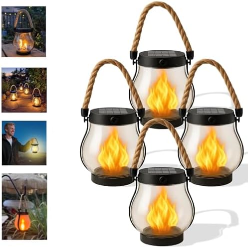 Kaliqo Solar Lantern Outdoor Lights - Realistic Dancing Flame Effect, Solar-Powered LED Lantern for Camping, Yard, Garden, Patio & Porch Decor (4Pcs)